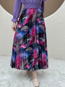 Pembe Uzun Dijital Baskılı Pliseli Etek