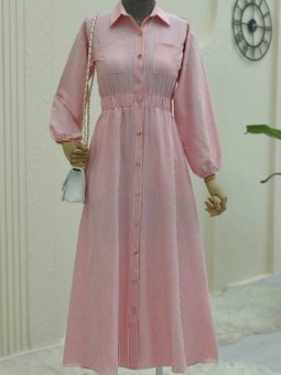 Pudra Beli Lastikli Boydan Düğmeli Çizgili Elbise