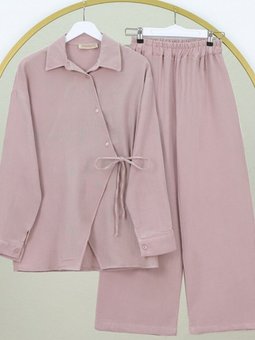 Pudra Çapraz Düğmeli Çift Bağcıklı Müslin İkili Takım
