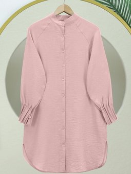 Pudra Kolu Nervürlü Eteği Oval Kesim Uzun Tunik