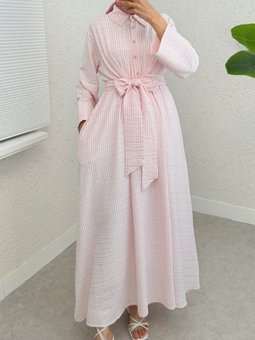 Pudra Yarım Düğmeli Beli Bağlamalı Çizgili Elbise