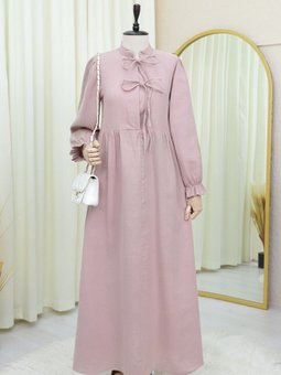 Pudra Yarım Patlı Bağcıklı Kolu Lastikli Müslin Elbise