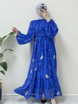 Saks Mavisi Bel Ve Boyundan Büzgülü Balon Kol Astarlı Şifon Abiye Elbise