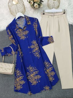 Saks Mavisi Boydan Düğmeli Desenli Viskon Tunik