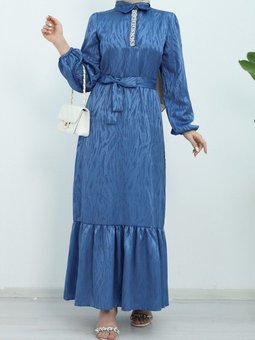 Saks Mavisi Eteği Parçalı Kolu Lastikli Taş Detaylı Elbise