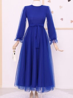 Saks Mavisi Kabarık Kol Ve Etekli Kuşaklı Tül Abiye Elbise