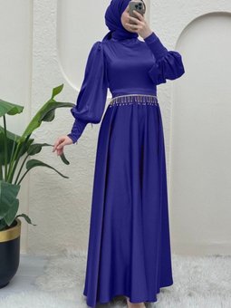 Saks Mavisi Kol Manşeti Fermuarlı Taşlı Kemerli Saten Abiye Elbise