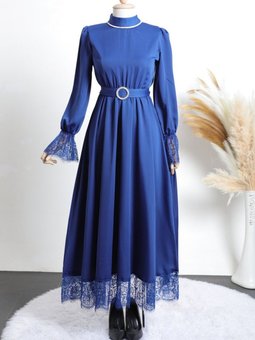Saks Mavisi Kolu Ve Eteği Dantelli Beli Lastikli Kemerli Elbise