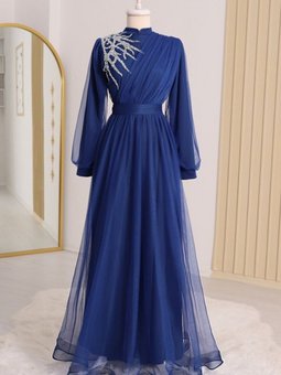 Saks Mavisi Önü Taş Detaylı Drapeli Kemerli Tül Abiye Elbise