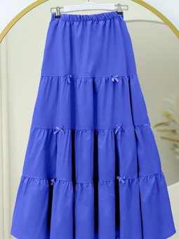 Saks Mavisi Uzun Kurdele Detaylı Parçalı Beli Lastikli Etek