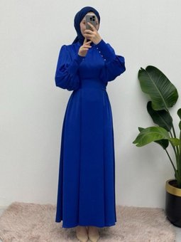 Saks Mavisi Uzun Manşetli Belden Bağlamalı Saten Balon Kol Elbise