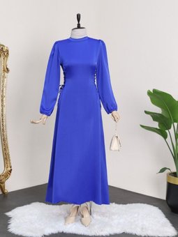 Saks Mavisi Yanları Bağcıklı Dik Yaka Kolu Lastikli Elbise