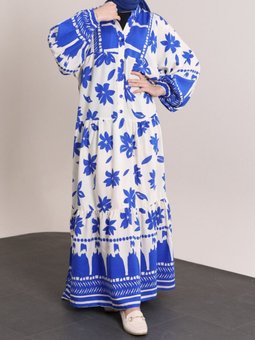 Saks Mavisi Yarım Düğmeli Kolu Lastikli Desenli Elbise