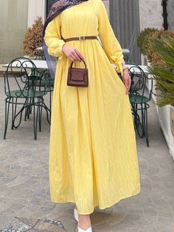 Sarı Belden Lastikli Maşeti Bağcıklı Elbise