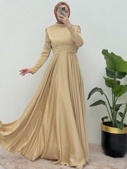 Sarı Beli Plise Detaylı Önü Çift Kat Saten Abiye Elbise