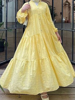 Sarı Parçalı Düğme Detaylı Elbise