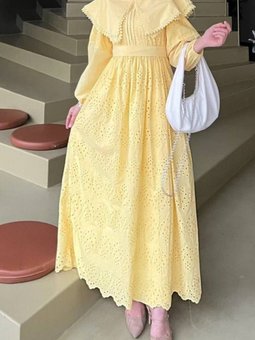 Sarı Pelerin Yaka Dantel Detaylı Elbise