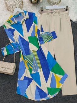 Sarı Renkli Desenli Uzun Viskon Tunik