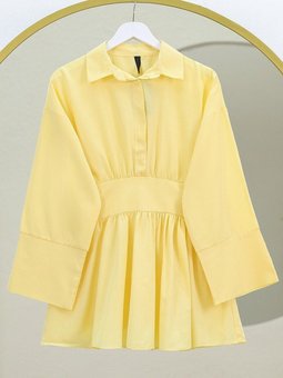 Sarı Yarım Düğmeli Beli Bağlamalı Yanı Fermuarlı Tunik