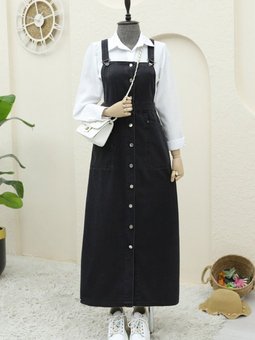 Siyah Boydan Düğmeli Çift Cepli Kot Salopet