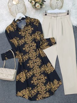 Siyah Boydan Düğmeli Desenli Viskon Tunik