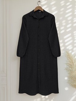 Siyah Boydan Düğmeli Kolu Lastikli Uzun Krinkıl Tunik