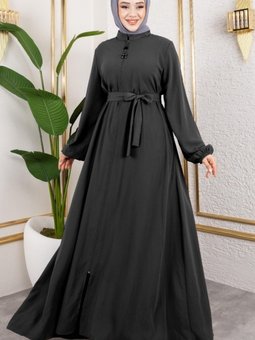 Siyah Boydan Fermuarlı Kolu Lastikli Beli Kemerli Ferace