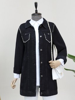 Siyah Cebi Ve Omuzları İncili Random Yıkama Kot Ceket