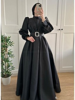 Siyah Kemerli Tafta Prenses Abiye Elbise