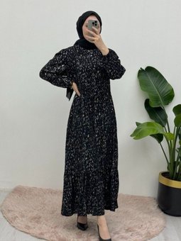 Siyah Kırçıllı Belden Büzgülü Abiye Elbise