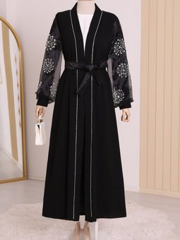 Siyah Kolları İnci Taş Detaylı Abaya