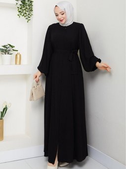 Siyah Kolu Lastikli Beli Bağlamalı Fermuarlı Ferace