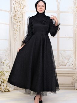 Siyah Kolu Lastikli Kuşaklı Simli Kabarık Tül Abiye Elbise