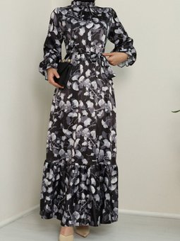 Siyah Marul Yaka Parçalı Desenli İpek Saten Abiye Elbise