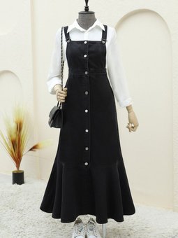 Siyah Önden Düğmeli Yan Cepli Eteği Fırfırlı Kot Jile