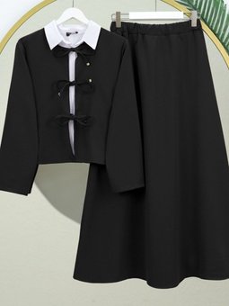 Siyah Önü Bağcıklı Beli Lastikli Çan Etekli Takım