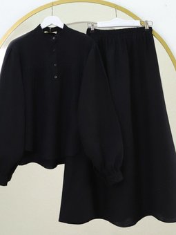 Siyah Oval Kesim Dik Yaka Bluz Etek Müslin İkili Takım