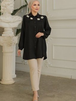 Siyah Robadan Büzgülü Ozel Aplikeli Keten Tunik
