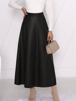 Siyah Uzun Beli Lastikli Düz Deri Etek