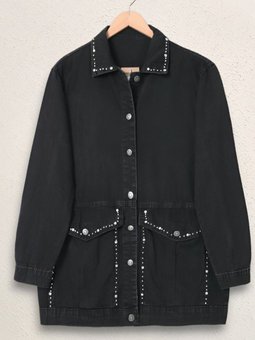 Siyah Yaka Ve Ceplerinde Taş İşlemel Kot Ceket