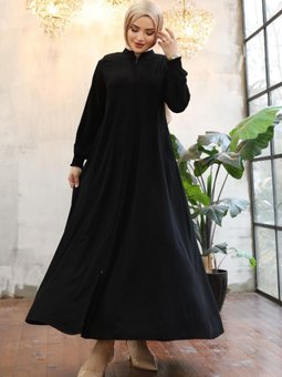 Siyah Yan Cepli Boydan Fermuarlı Kolu Lastikli Ferace