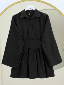 Siyah Yarım Düğmeli Beli Bağlamalı Yanı Fermuarlı Tunik