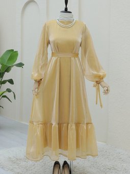 Somon Kolu Bağcıklı Eteği Parçalı Janjan Abiye Elbise