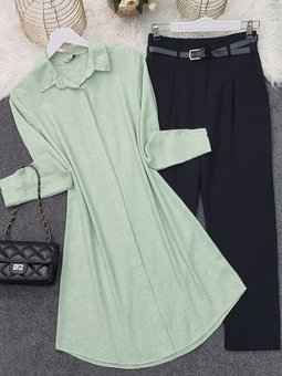 Su Yeşili Boydan Gizli Düğmeli Keten Tunik