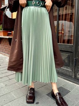 Su Yeşili Uzun Pliseli Beli Lastikli Etek