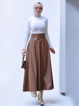 Taba Uzun Kalın Kemerli Deri Kloş Etek