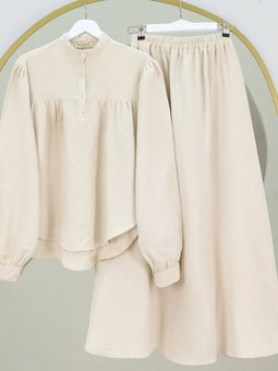 Taş Oval Kesim Dik Yaka Bluz Etek Müslin İkili Takım