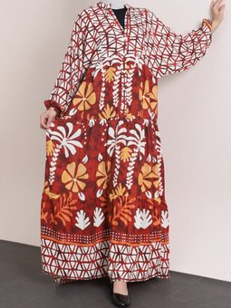 Turuncu Kolu Lastikli Dik Yaka Yarım Düğmeli Viskon Elbise