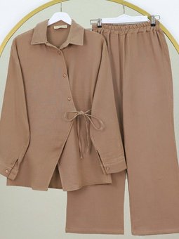 Vizon Çapraz Düğmeli Çift Bağcıklı Müslin İkili Takım