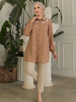 Vizon Robadan Büzgülü Ozel Aplikeli Keten Tunik